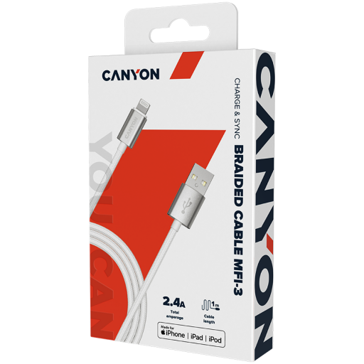 Image 1 for CANYON cable MFI-3 Lightning 12W 1m White