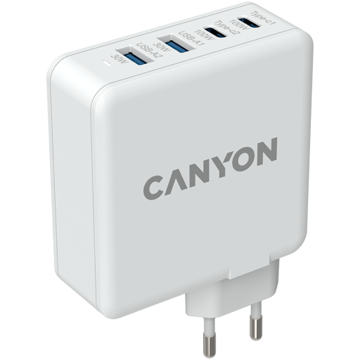 Image 1 for CANYON H-100, GAN 100W charger Input:100V-240V Output: USB-C1/C2: 5V 3A, 9V 3A, 12V 3A, 15V 3A, 20V 5A USB-A 1/A2, 4.5V/5A, 5V/4.5A, 9V/3A, 12V/2.5A, 20V/1.5A C1+C2, 65W + 30W, C1+A1, 65W + 30W, C1+A2, 65W + 30W, C1+A1+A2, 65W