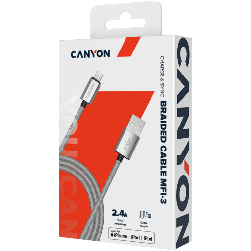 Image 1 for CANYON cable MFI-3 Lightning 12W 1m Grey