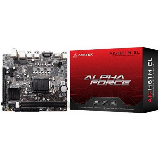 Image 1 for Arktek Intel H61 Chipset, Socket LGA1155, Dual Channel DDR3, Integrated Intel Graphics X4500 HD, 2 x DDR3 Slots, Realtek 10/100/1000 Gigabit LAN, Realtek Audio, 4 x SATA Ports, 2 x USB 2.0, 1 x PCI Express x16 Slot, Micro-ATX