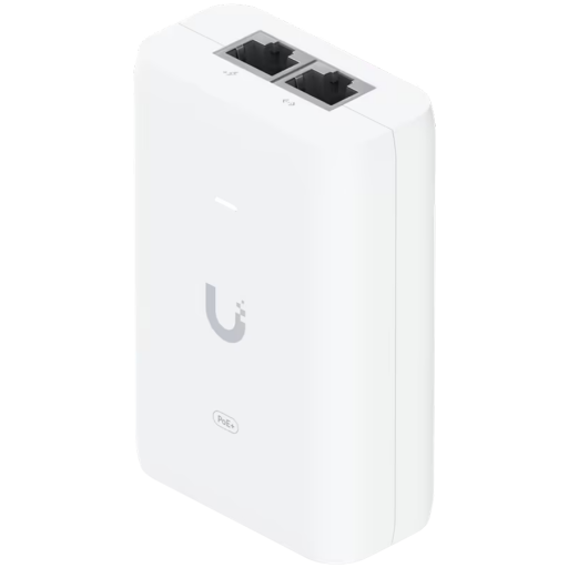 Image 1 for Ubiquiti U-POE+ adapter 30W, powers UniFi PoE+ devices, reduce dependency on PoE switch power, Contains RJ45 data input, AC cable with earth ground, and PoE+ output