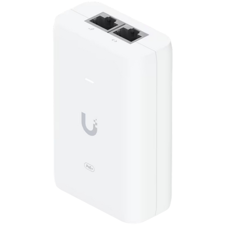 Image 1 for Ubiquiti U-POE+ adapter 30W, powers UniFi PoE+ devices, reduce dependency on PoE switch power, Contains RJ45 data input, AC cable with earth ground, and PoE+ output
