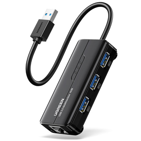Image 1 for UGREEN USB Type-A Male to Ethernet Adapter with 3-Port USB Hub – Black