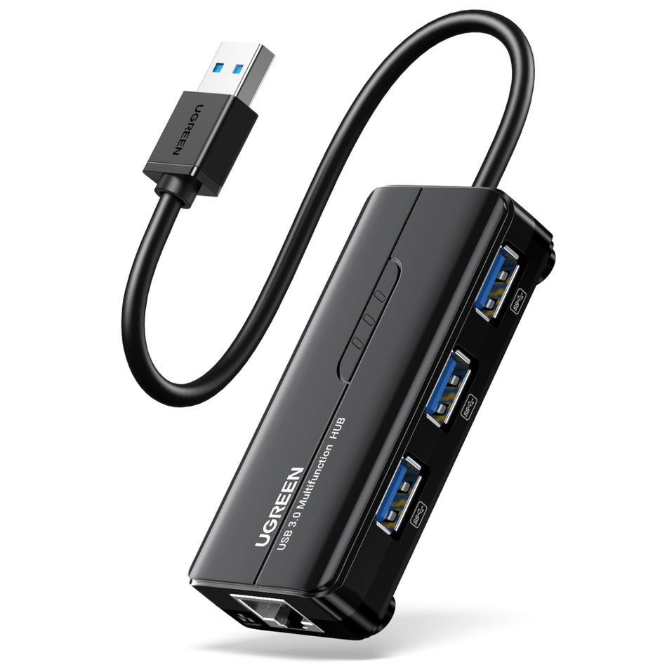 Image 1 for UGREEN USB Type-A Male to Ethernet Adapter with 3-Port USB Hub – Black