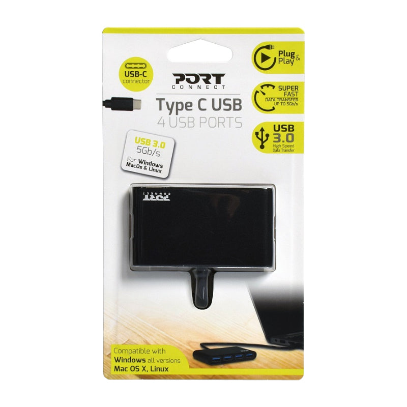 Image 1 for Port USB Type-C to 4 x USB3.0 5Gbps 30cm 4 Port Hub - Black