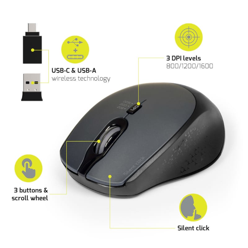 Image 3 for Port Connect Silent 1600DPI 3 Button Wireless Mouse - Black
