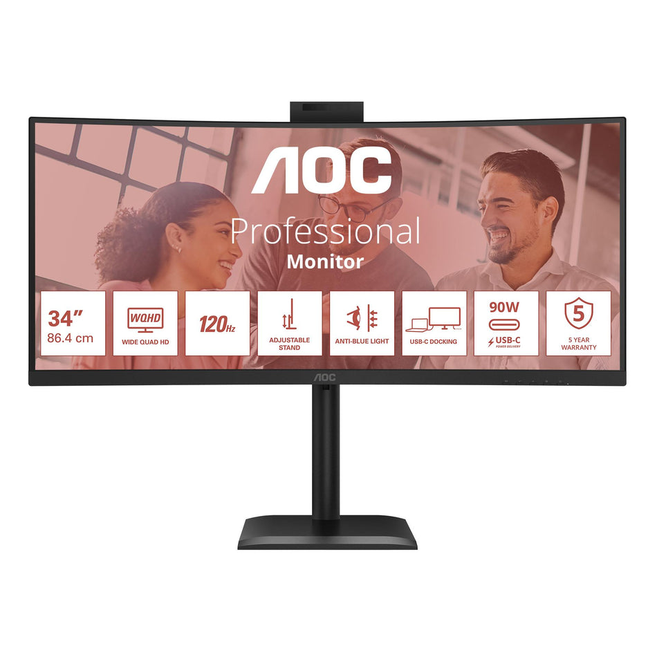 AOC CU34E4CW 34" Curved WQHD VA Monitor - 120Hz, HDR10, KVM, USB-C 90W, Webcam, Speakers