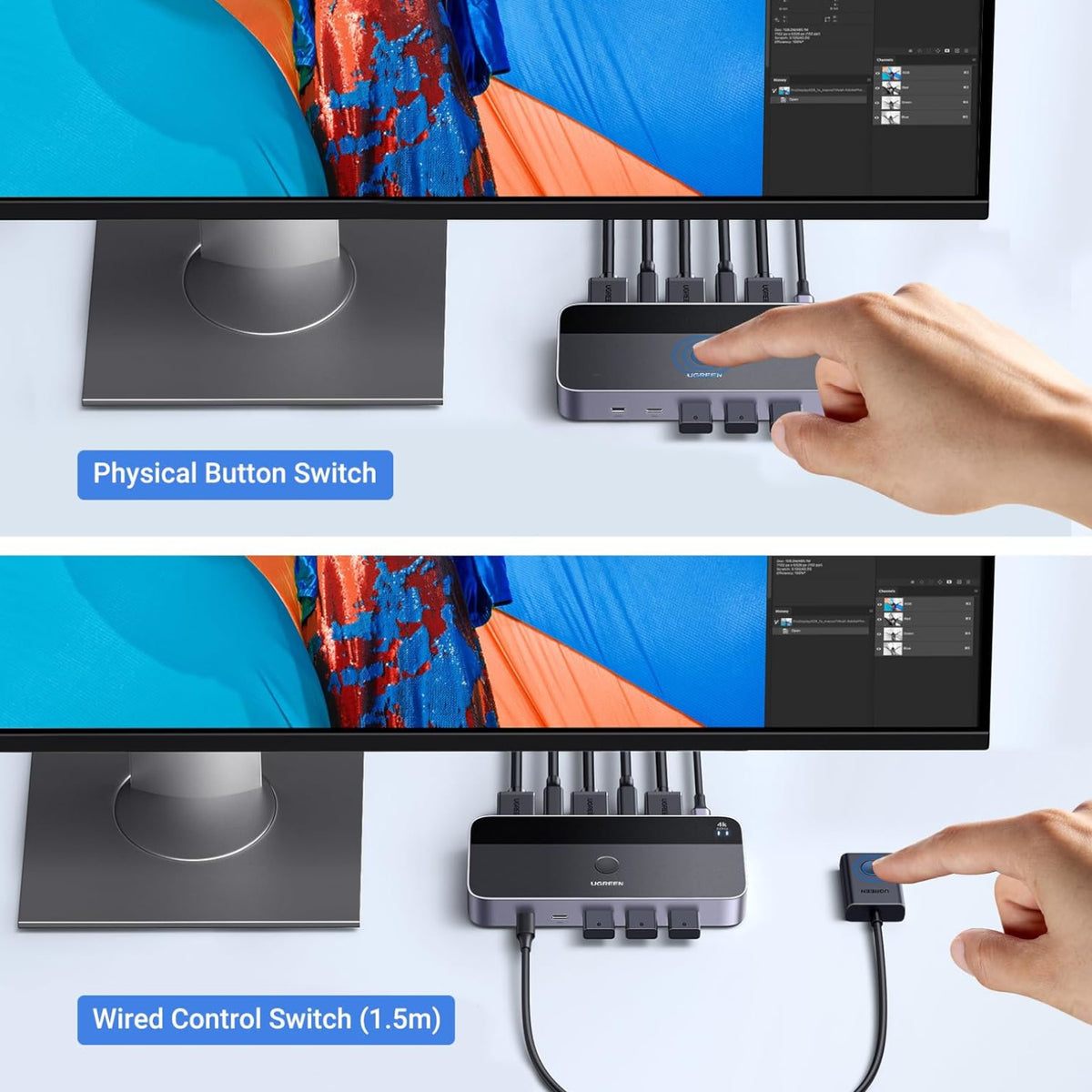 Image 3 for UGREEN 4K@60Hz HDMI KVM Switch (2 In 1 Out)-Grey