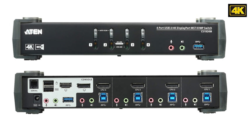 ATEN CS1924M 4-Port USB 3.0 4K DisplayPort MST KVMP Switch with Audio and Built-in MST Hub
