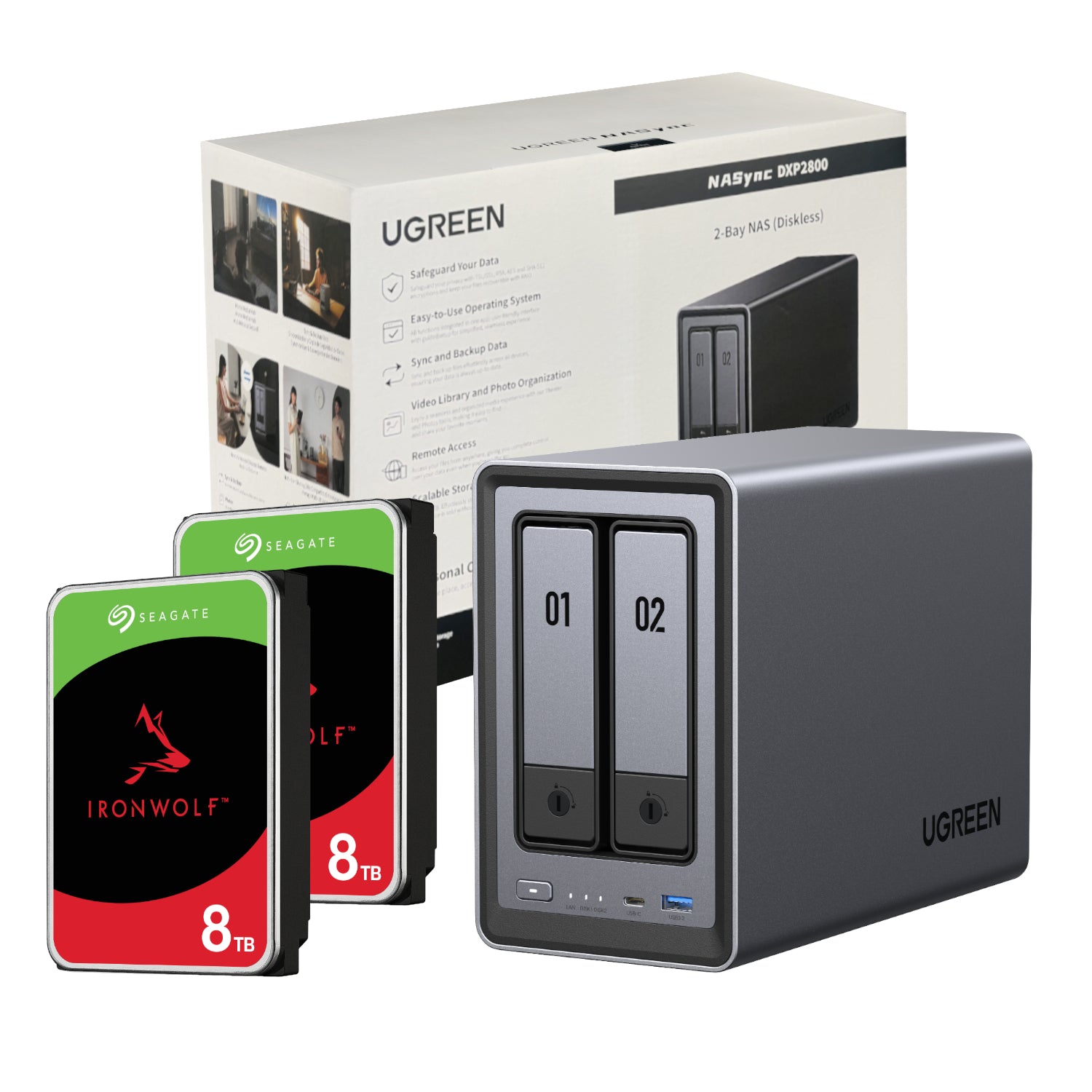 Image 1 for UGreen NASync DXP2800 2 Bay NAS with Seagate Ironwolf NAS 16TB SATA Hard Drive V2 Bundle (2x 8TB)
