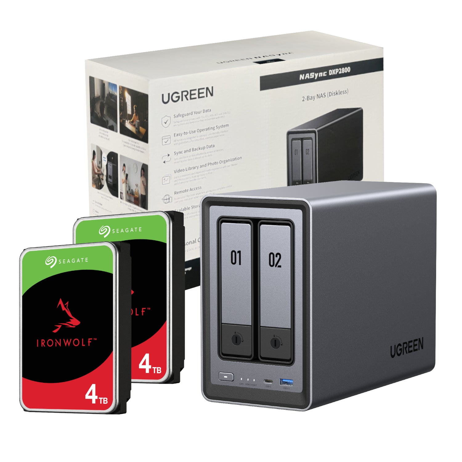 Image 1 for UGreen NASync DXP2800 2 Bay NAS with Seagate Ironwolf NAS 8TB SATA Hard Drive Bundle (2x 4TB)