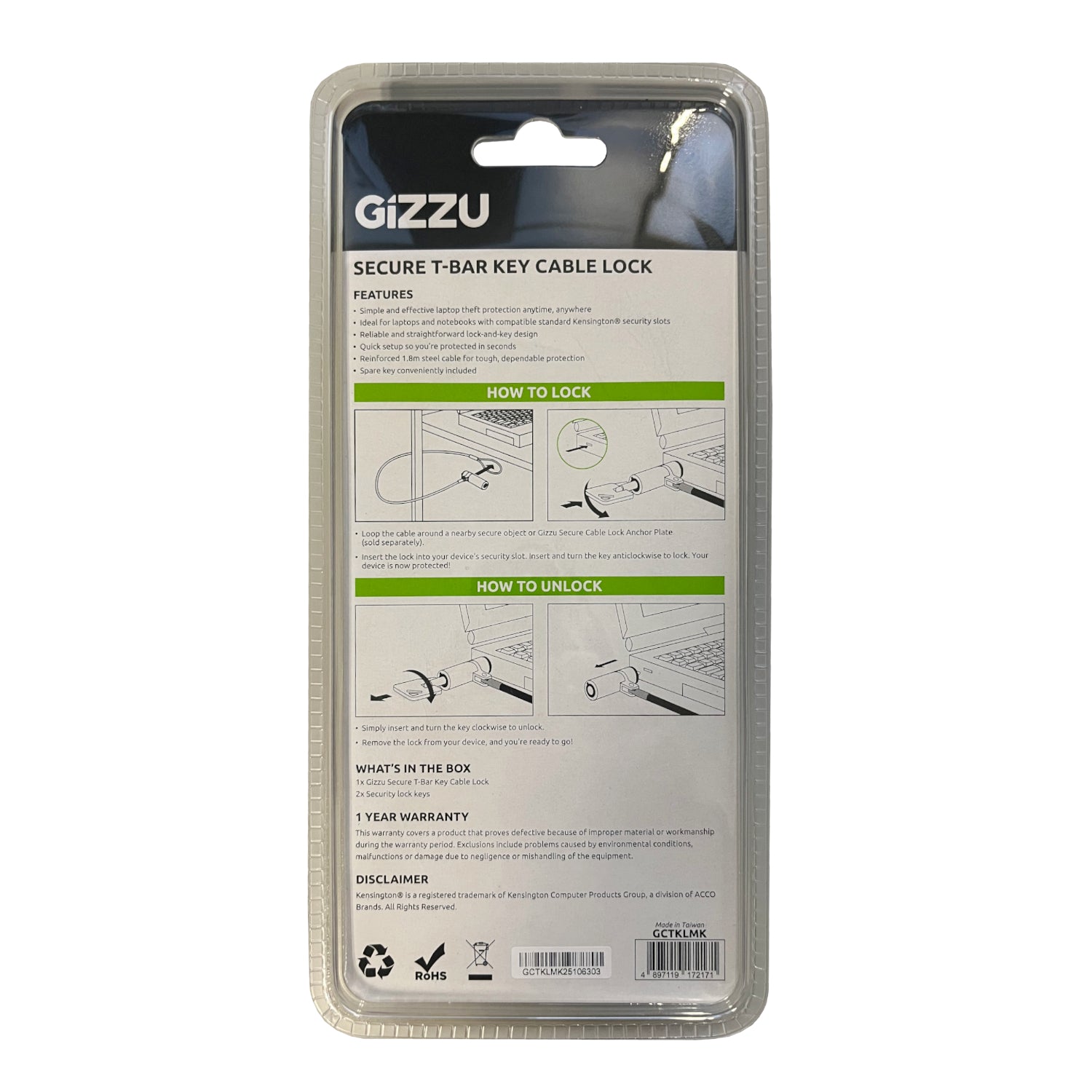 Image 3 for GIZZU 1.8m T-Bar Laptop Cable Lock Master Key Compatible