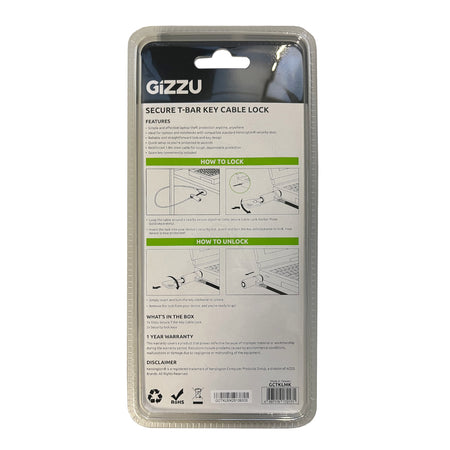 Image 3 for GIZZU 1.8m T-Bar Laptop Cable Lock Master Key Compatible
