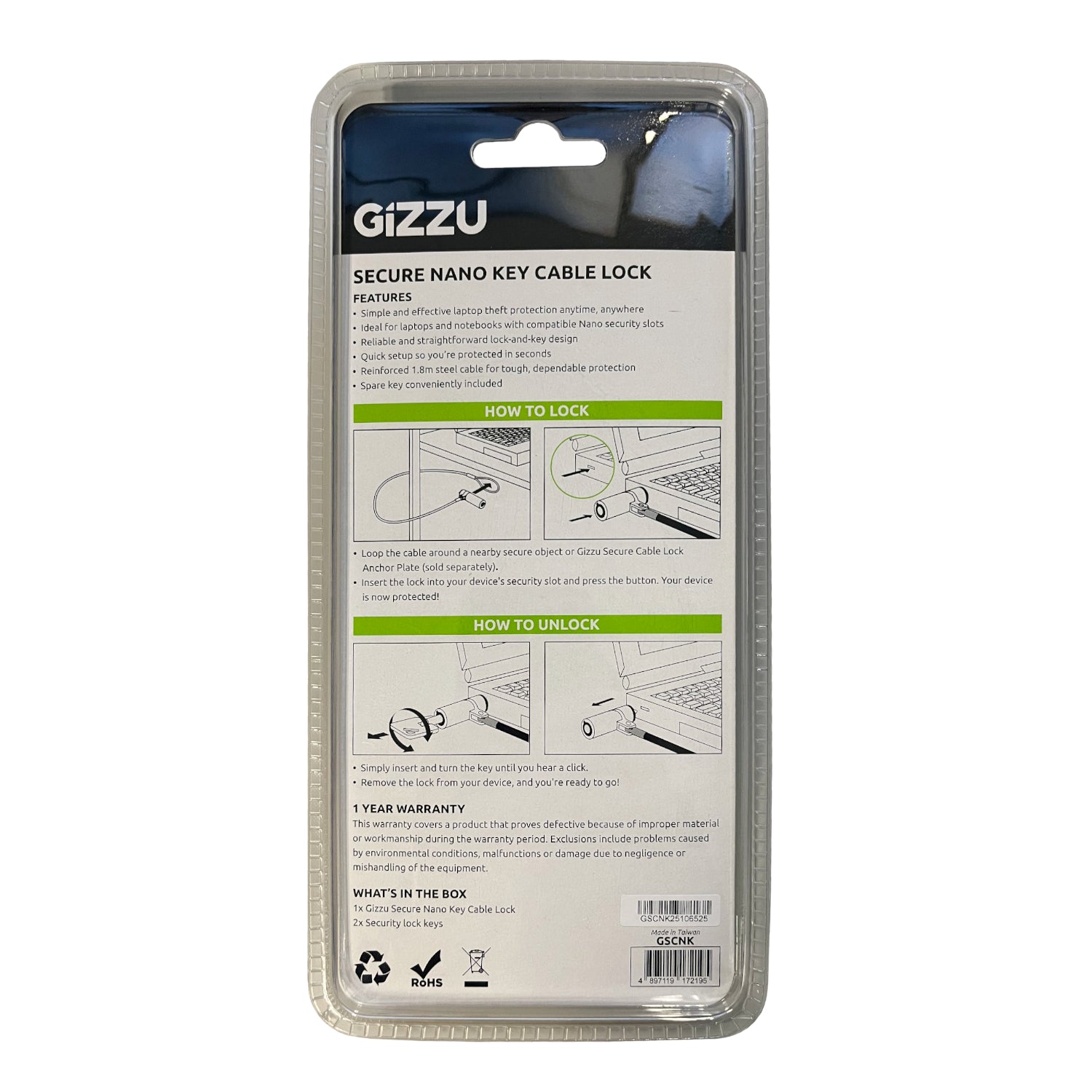 Image 3 for GIZZU 1.8m Nano Key Lock Security Cable with Key