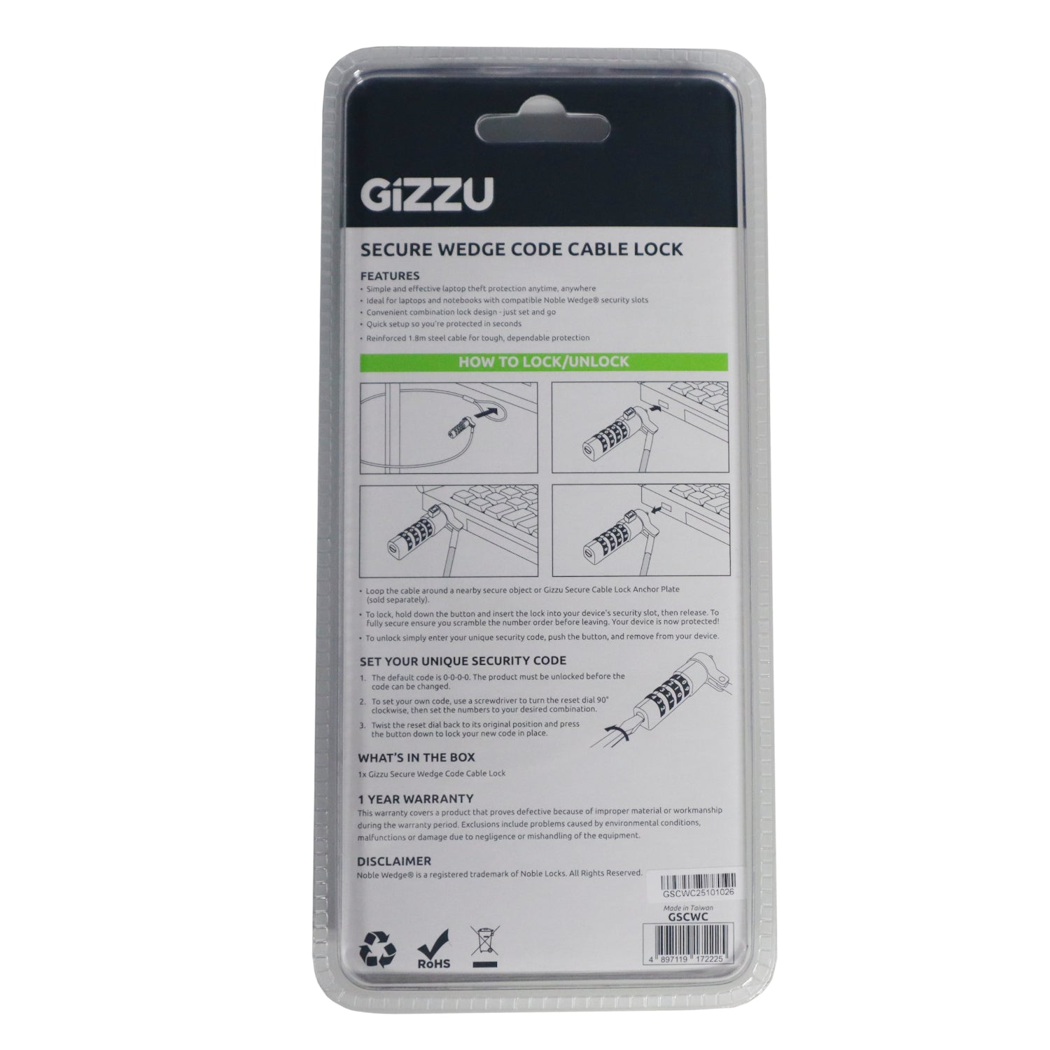 Image 3 for Gizzu Secure Wedge Code Cable Lock 1.8m