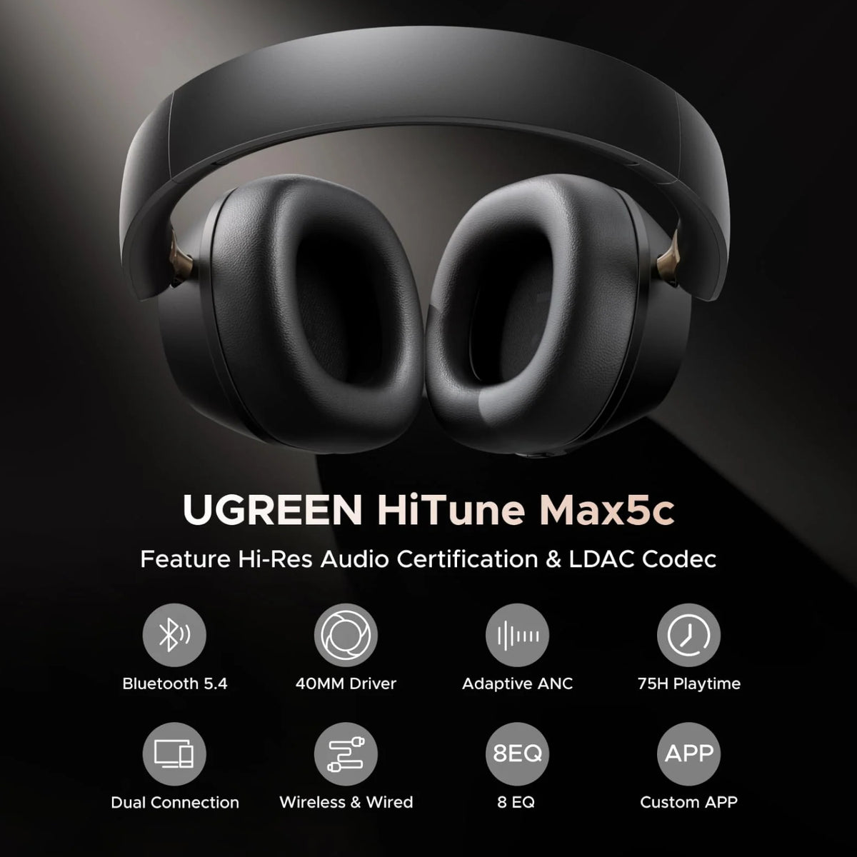 Image 2 for UGREEN HiTune Max 5C Hybrid ANC Headphones – Black