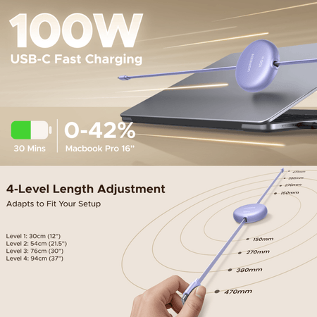 Image 3 for UGREEN 100W Fast Charging Retractable USB Type-C Cable 1M - Purple