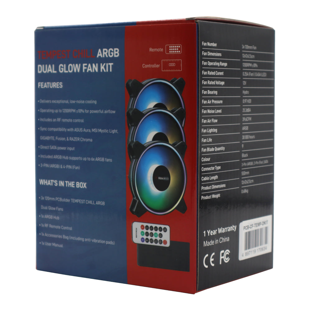 Image 4 for PCBuilder Tempest Chill Fan Kit 3x120MM Dual Glow ARGB Fan + Controller + RF Remote