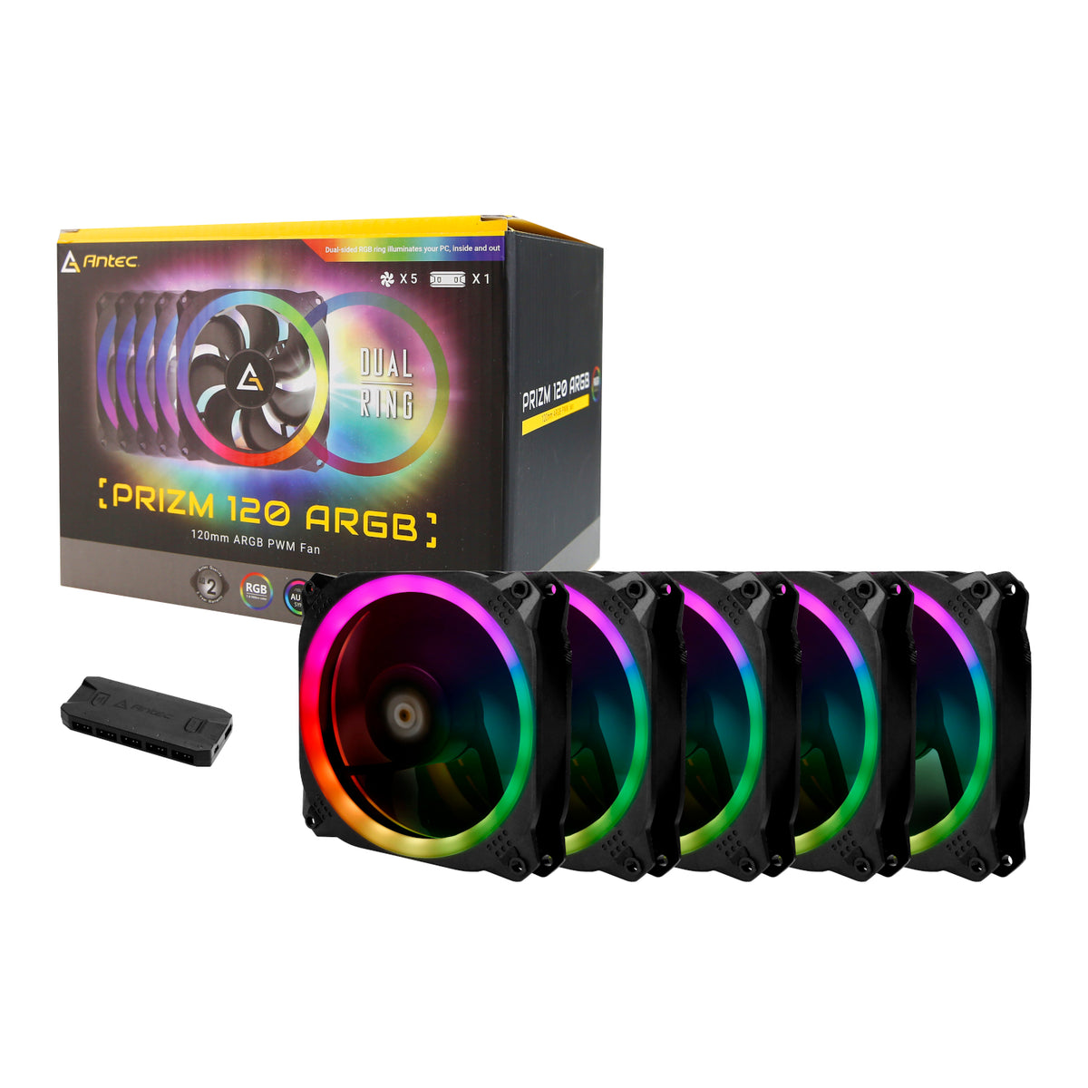 Image 1 for Antec Prizm 120 ARGB Case Fan 5 Pack + Controller - Black