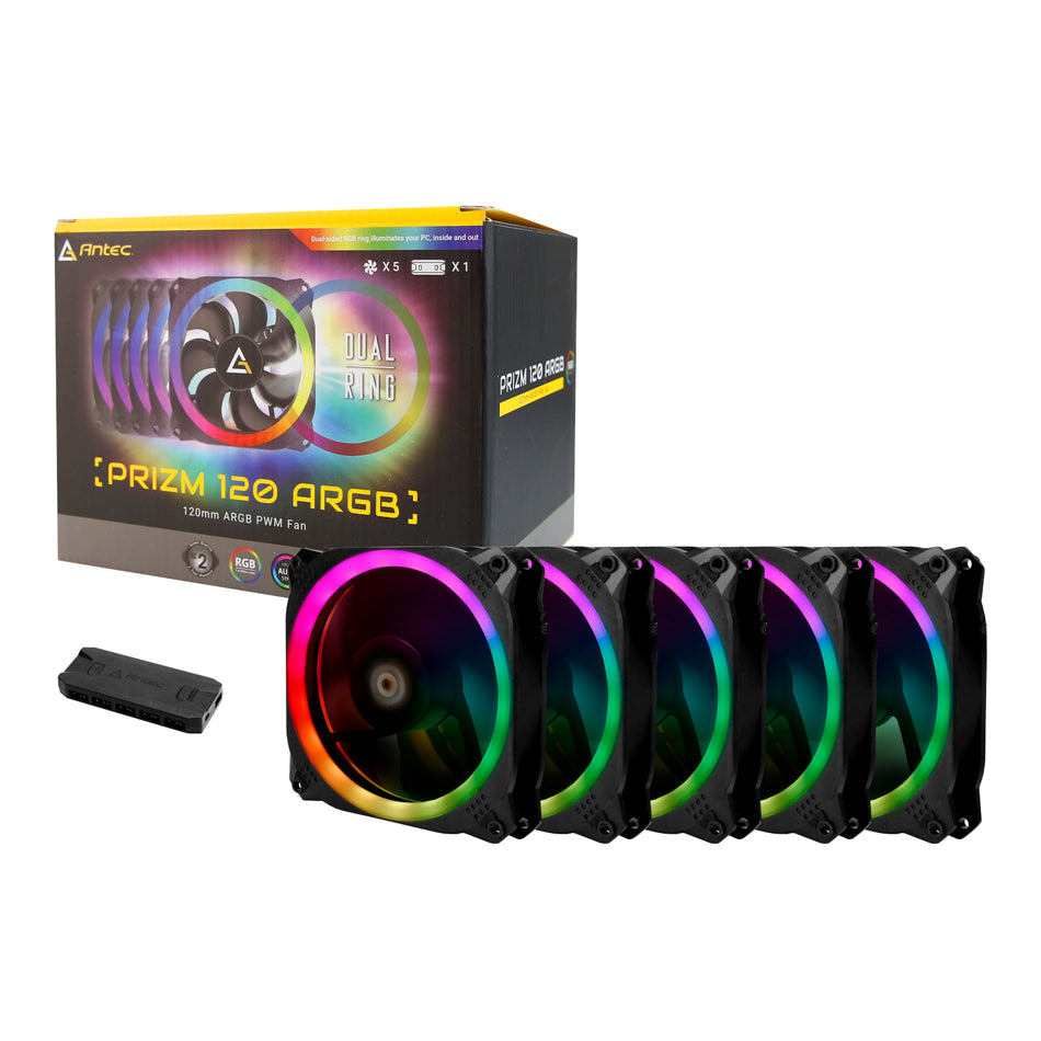 Image 1 for Antec Prizm 120 ARGB Case Fan 5 Pack + Controller - Black
