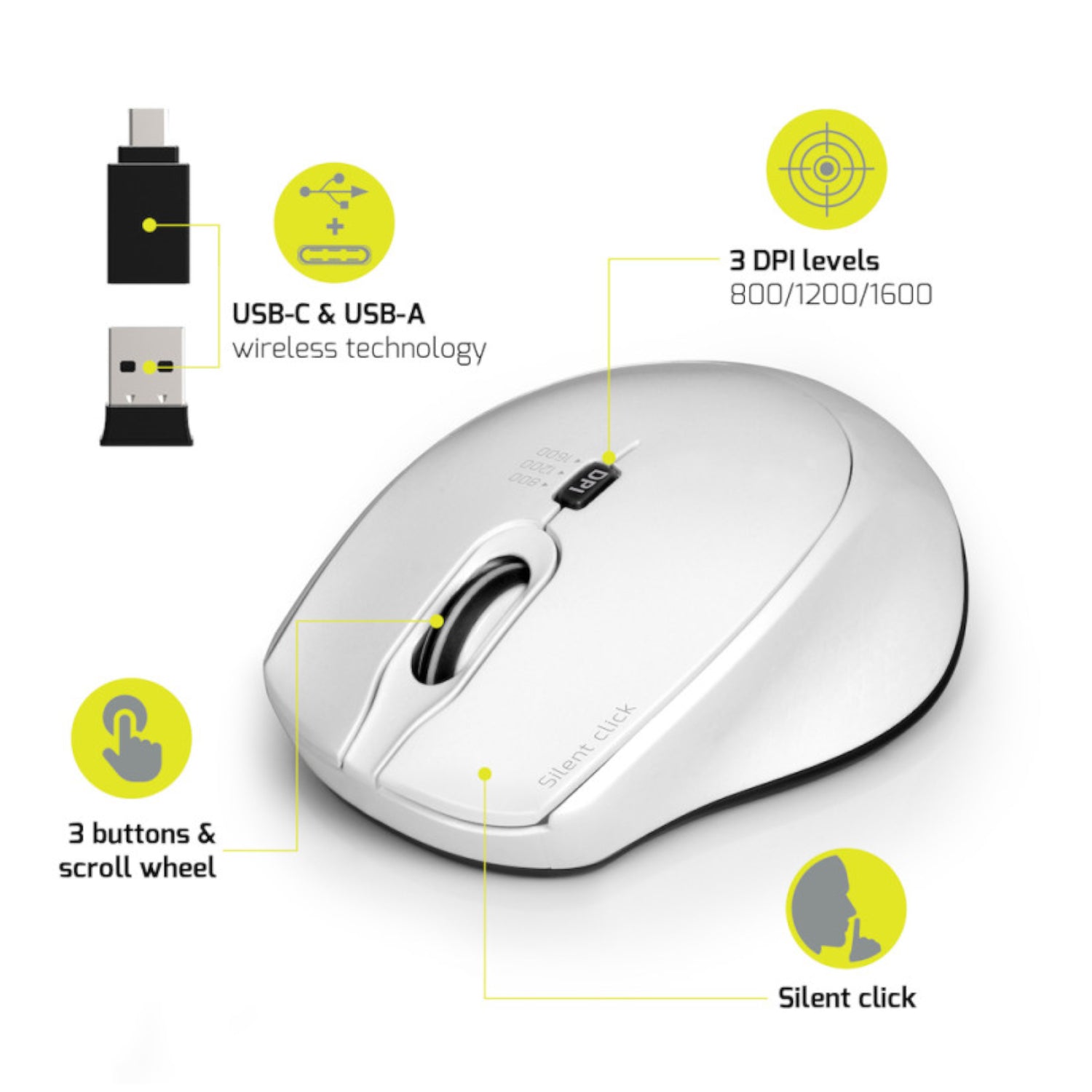 Image 3 for Port Connect Silent 1600DPI 3 Button Wireless Mouse - White