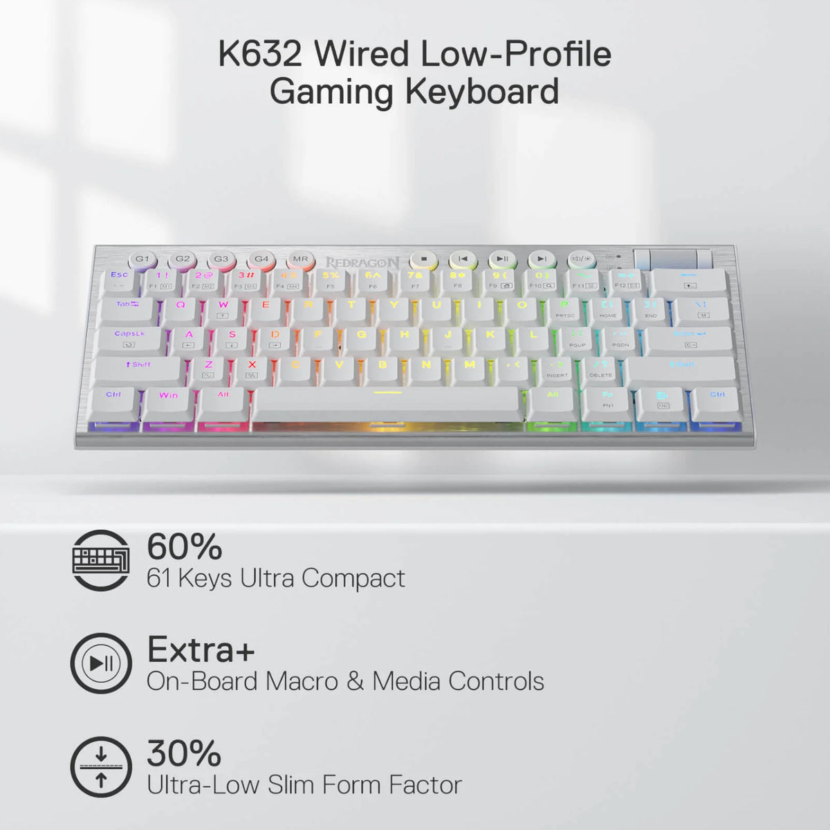 Image 3 for Redragon K632 HORUS Mini 60% RGB Wired Gaming Keyboard – White
