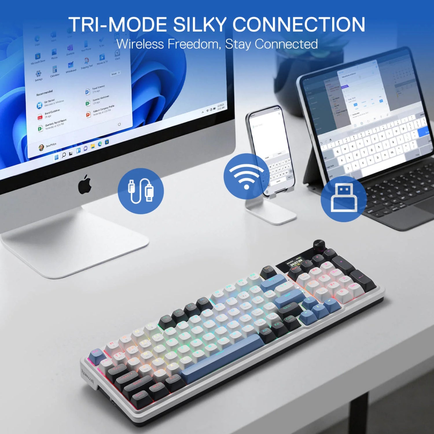 Image 2 for Redragon K719WGB GALATIN RGB PRO Full sized Wireless Gaming Keyboard - White