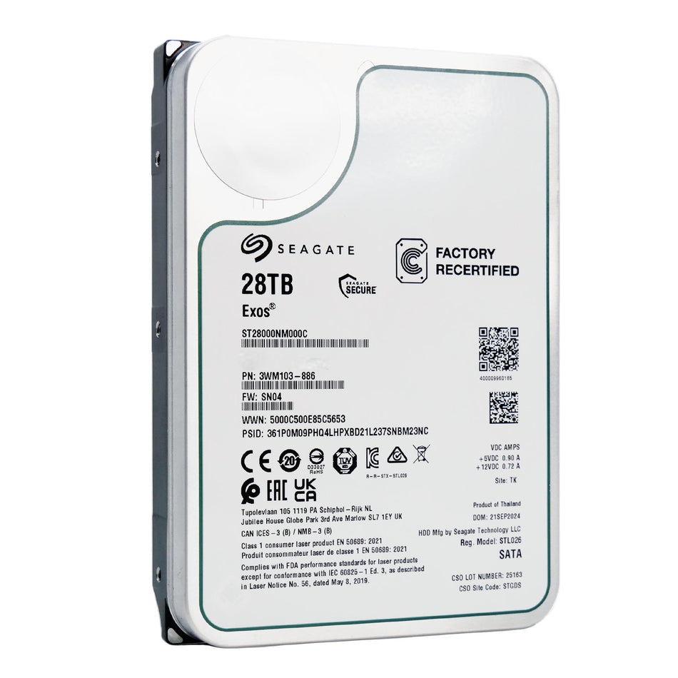 Seagate Exos 28TB 3.5" 7200RPM SATA-III 512e CMR HDD (Recertified, 5-Year Warranty)