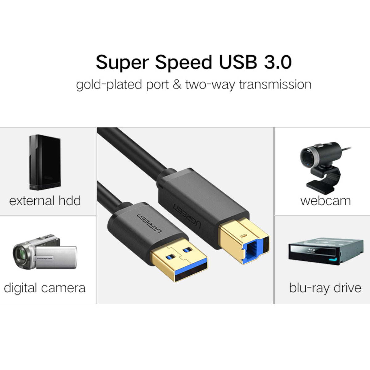 Image 3 for UGREEN US210 USB-A Printer Cable 2M - Black