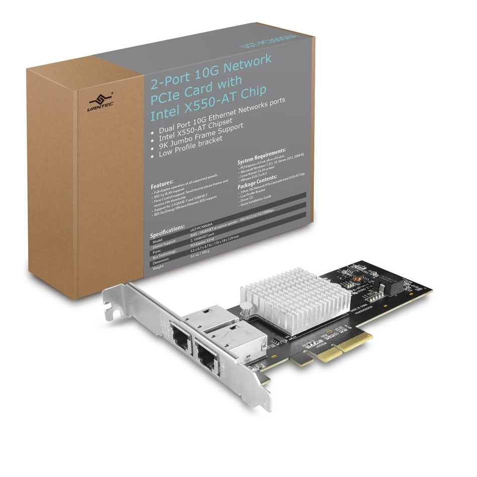 Vantec UGT-PC330GNA 2-Port 10G Network PCIe Card with Intel X550-AT Chip