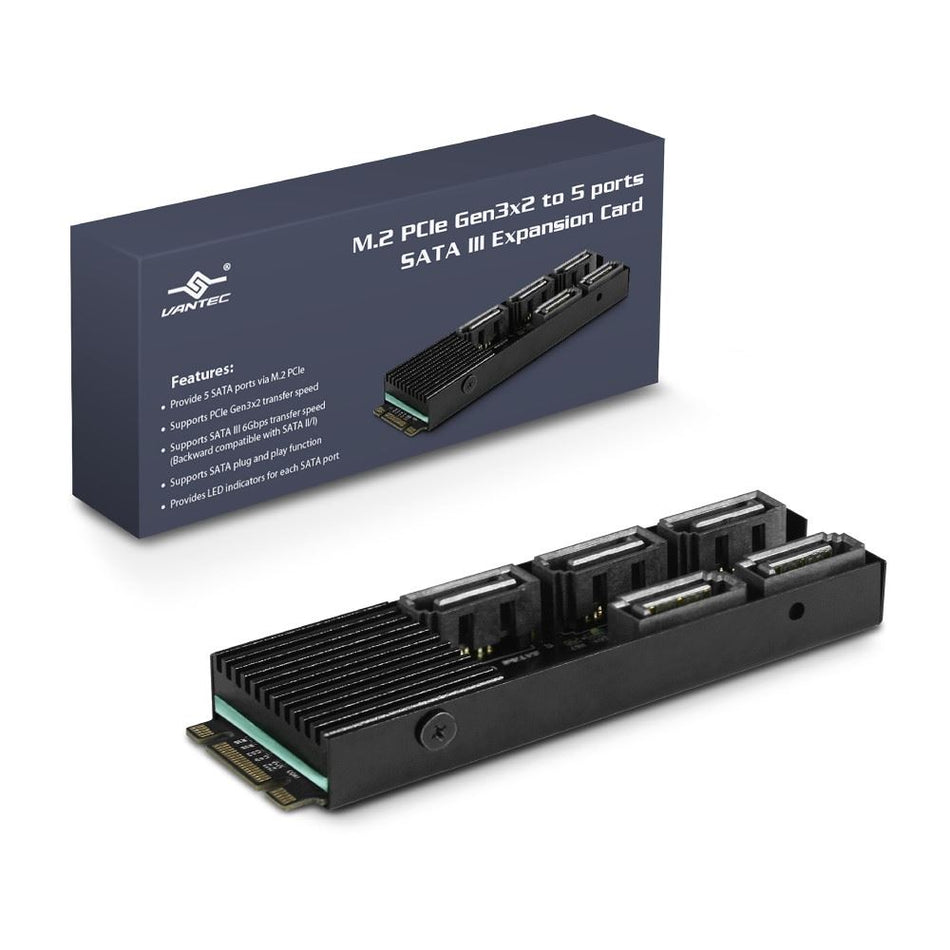 Vantec UGT-M2670 M.2 PCIe Gen3x2 B+M Key to 5-Port SATA III Expansion Card
