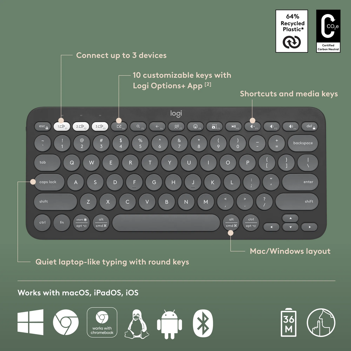 Image 11 for Logitech Pebble Keys 2 K380s Wireless Keyboard - Tonal Graphite