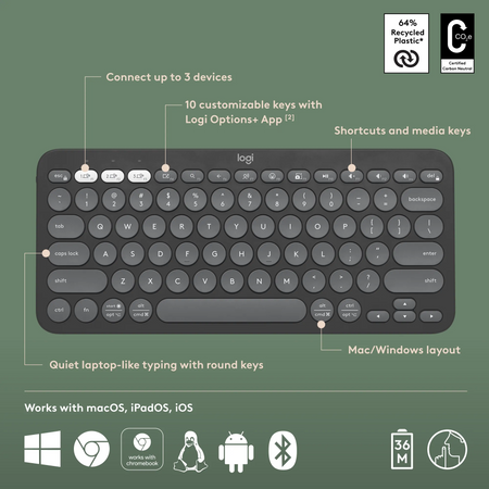 Image 11 for Logitech Pebble Keys 2 K380s Wireless Keyboard - Tonal Graphite