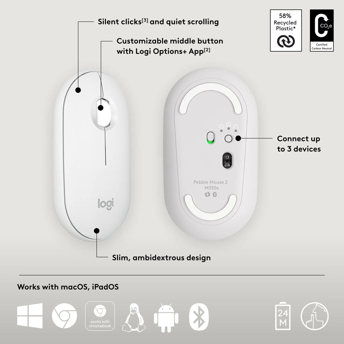 Image 14 for Logitech Pebble Mouse 2 M350s Wireless Bluetooth Mouse - Tonal White